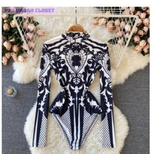 Black and White Patterned Bodysuit with beading NWOT